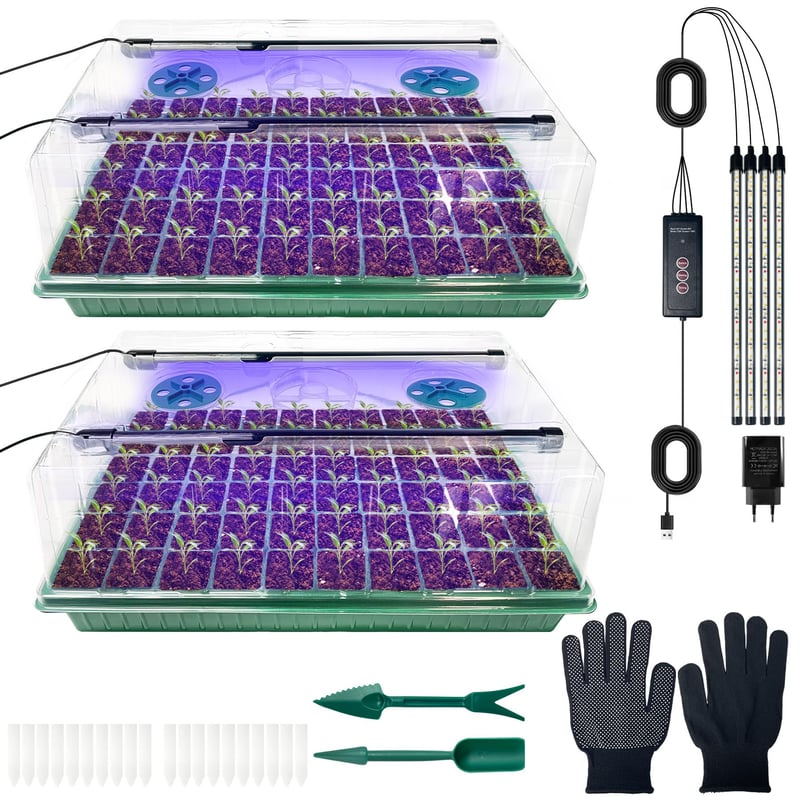 Set de mini-seră pentru interior VEEKAY, 2 bucăți, 120 de celule, cu lampă de creștere și temporizator, luminozitate reglabilă, 20 de etichete pentru plante, pentru însămânțare
