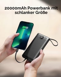 VEEKTOMX Powerbank 20000 mAh so vstavaným USB-C káblom, 5 výstupov, 2 vstupy, LED displej, čierna, kompatibilný s iPhone, Samsung, Huawei, Xiaomi 3