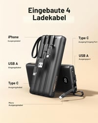VEEKTOMX Powerbank 20000 mAh so vstavaným USB-C káblom, 5 výstupov, 2 vstupy, LED displej, čierna, kompatibilný s iPhone, Samsung, Huawei, Xiaomi 2
