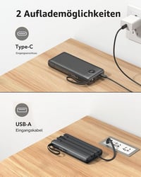 VEEKTOMX Powerbank 20000 mAh so vstavaným USB-C káblom, 5 výstupov, 2 vstupy, LED displej, čierna, kompatibilný s iPhone, Samsung, Huawei, Xiaomi 7