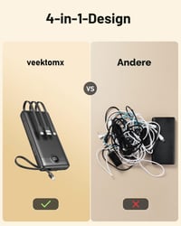 VEEKTOMX Powerbank 20000 mAh so vstavaným USB-C káblom, 5 výstupov, 2 vstupy, LED displej, čierna, kompatibilný s iPhone, Samsung, Huawei, Xiaomi 8