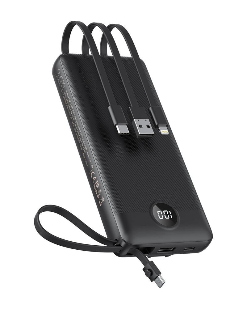 VEEKTOMX Powerbank 20000 mAh so vstavaným USB-C káblom, 5 výstupov, 2 vstupy, LED displej, čierna, kompatibilný s iPhone, Samsung, Huawei, Xiaomi