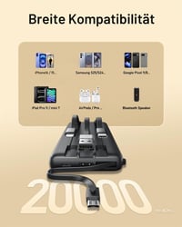 VEEKTOMX Powerbank 20000 mAh so vstavaným USB-C káblom, 5 výstupov, 2 vstupy, LED displej, čierna, kompatibilný s iPhone, Samsung, Huawei, Xiaomi 6