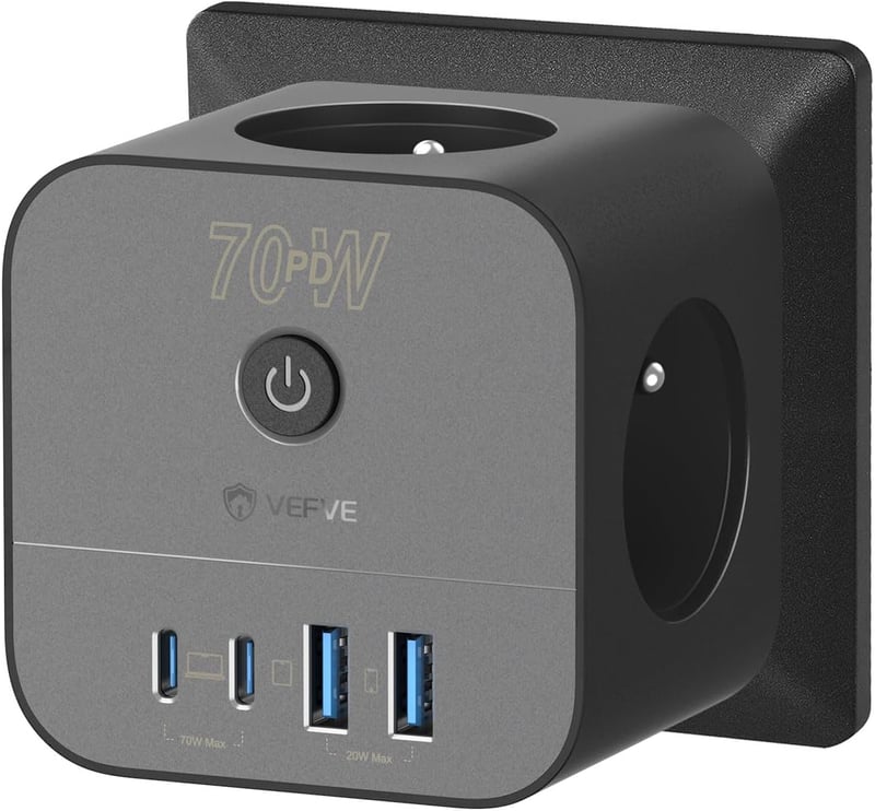 VEFVE 70W USB-C Gyorstöltő Elosztó Kocka 7-in-1 Kapcsolóval - GaN III Technológia - Kompatibilis Laptopokkal, MacBook Pro, iPad, iPhone, Sam