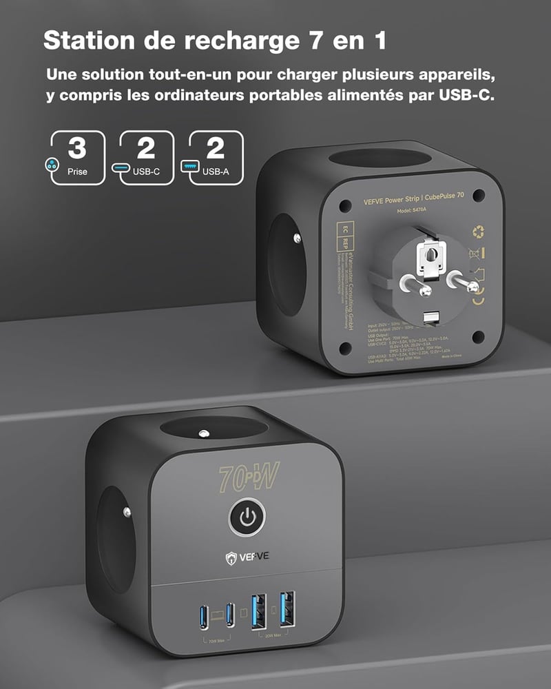VEFVE 70W USB-C Gyorstöltő Elosztó Kocka 7-in-1 Kapcsolóval - GaN III Technológia - Kompatibilis Laptopokkal, MacBook Pro, iPad, iPhone, Sam