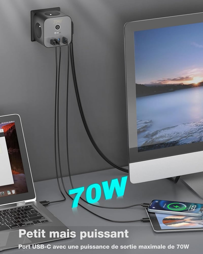 VEFVE 70W USB-C Gyorstöltő Elosztó Kocka 7-in-1 Kapcsolóval - GaN III Technológia - Kompatibilis Laptopokkal, MacBook Pro, iPad, iPhone, Sam