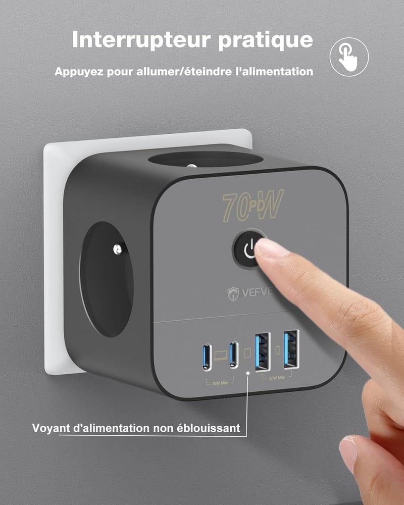 VEFVE 70W USB-C Gyorstöltő Elosztó Kocka 7-in-1 Kapcsolóval - GaN III Technológia - Kompatibilis Laptopokkal, MacBook Pro, iPad, iPhone, Sam
