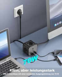 VEFVE 70W USB-C Kocka Elosztó, 7-az-1-ben Kapcsolós Hosszabbító 3m Kábellel, Gyorstöltő USB Portokkal MacBook, Laptop, iPhone 15 Készülékekh 2