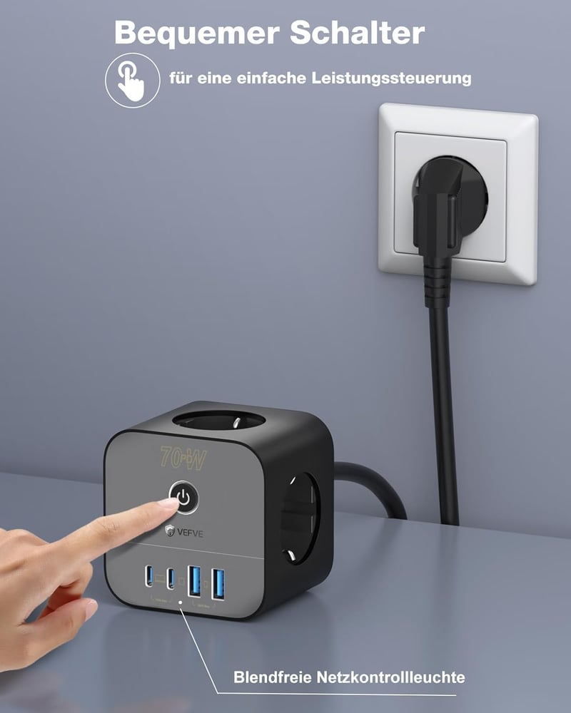 VEFVE 70W USB-C Kocka Elosztó, 7-az-1-ben Kapcsolós Hosszabbító 3m Kábellel, Gyorstöltő USB Portokkal MacBook, Laptop, iPhone 15 Készülékekh