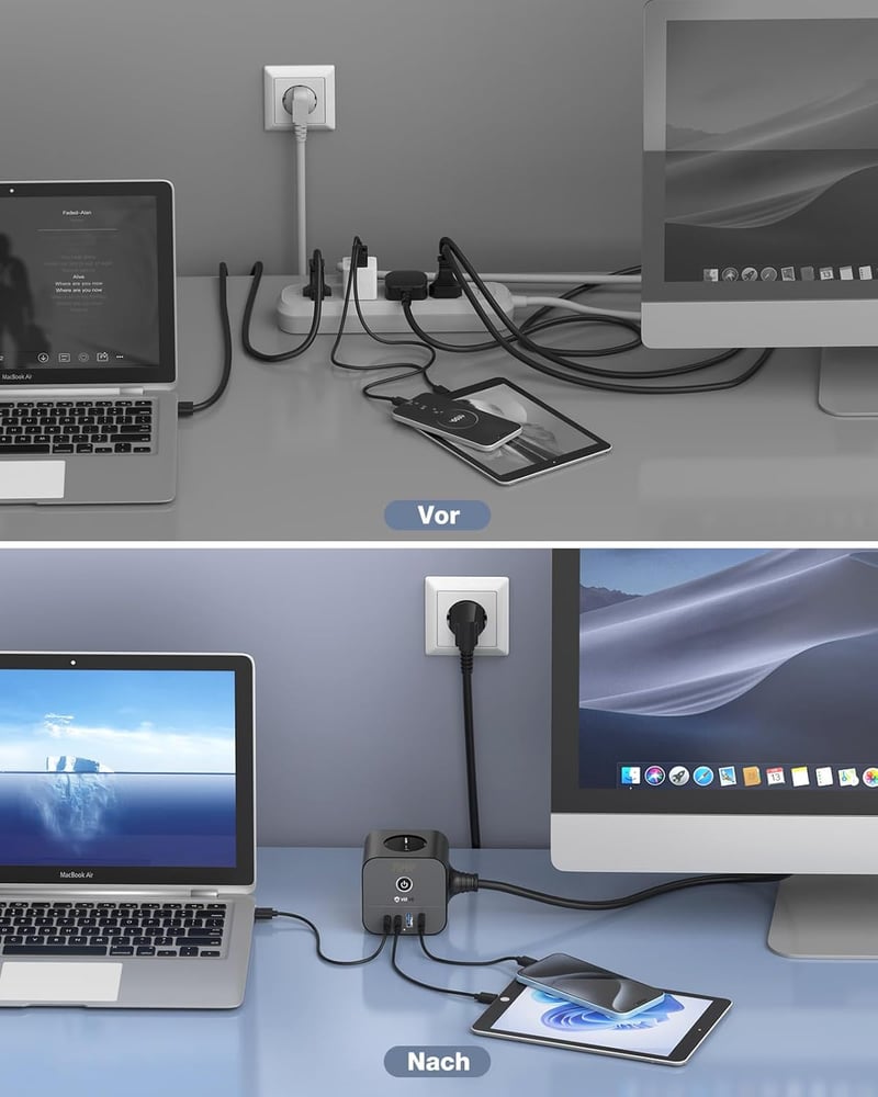 VEFVE 70W USB-C Kocka Elosztó, 7-az-1-ben Kapcsolós Hosszabbító 3m Kábellel, Gyorstöltő USB Portokkal MacBook, Laptop, iPhone 15 Készülékekh