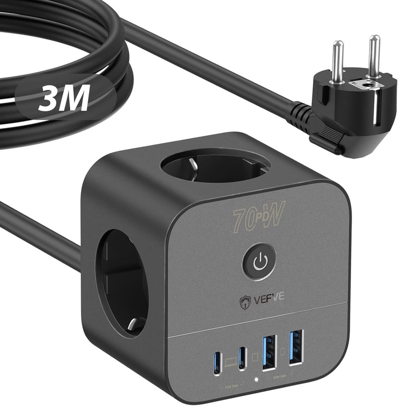 VEFVE 70W USB-C Kocka Elosztó, 7-az-1-ben Kapcsolós Hosszabbító 3m Kábellel, Gyorstöltő USB Portokkal MacBook, Laptop, iPhone 15 Készülékekh