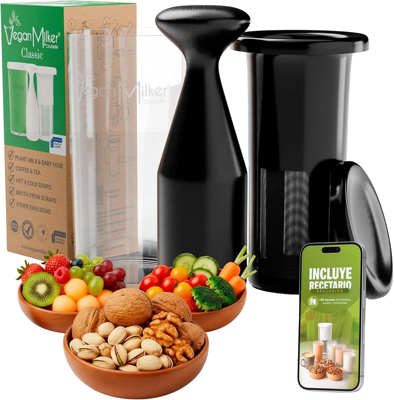Aparat Vegan Milker pentru lapte vegetal de casă 1L, preparare într-un minut, pentru lapte de ovăz și soia, cu filtru, compatibil cu blenderul vertical, culoare neagră, broșură cu rețete