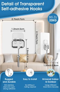Vehepeay Öntapadós Fali Horog 8 db, 15 kg Terhelhetőség, Rozsdamentes Acél 4