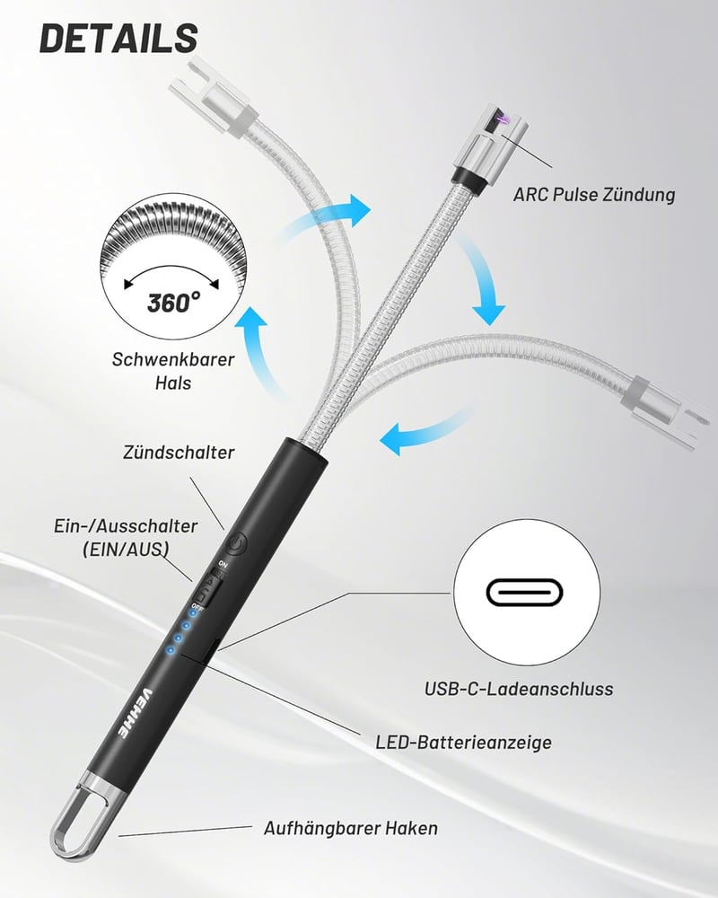 VEHHE ívgyújtó elektromos USB-s fényes lánggyújtó