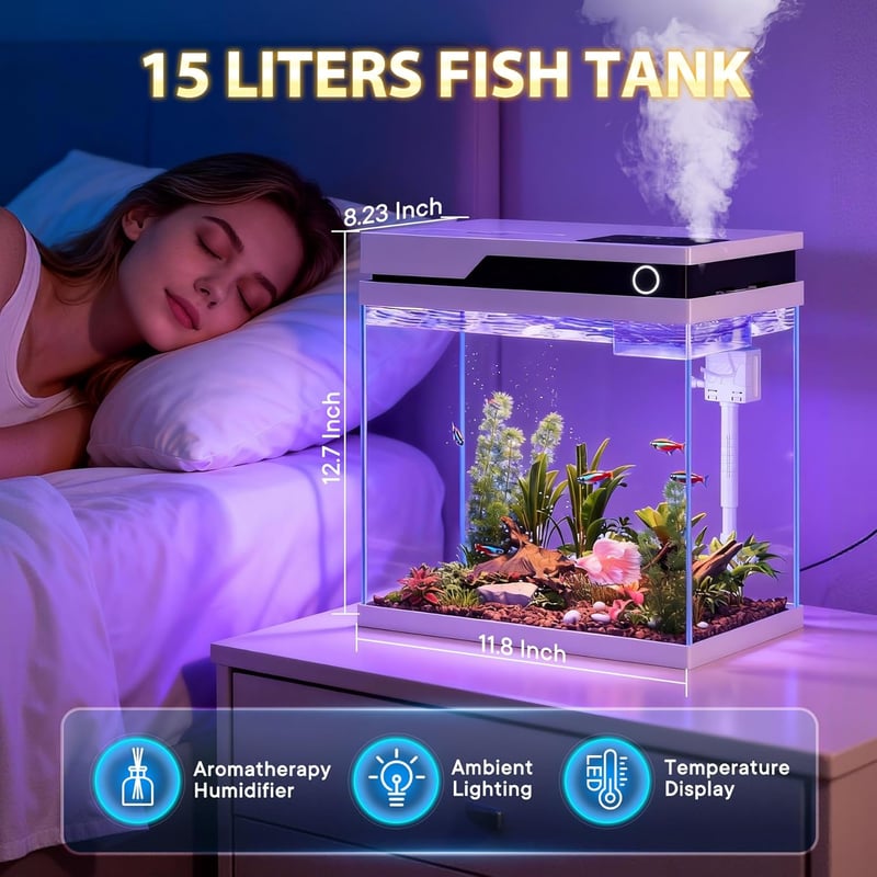 Vehipa 15L Nano Akvárium Szett Automata Etetővel, LED Világítással és Hőmérővel