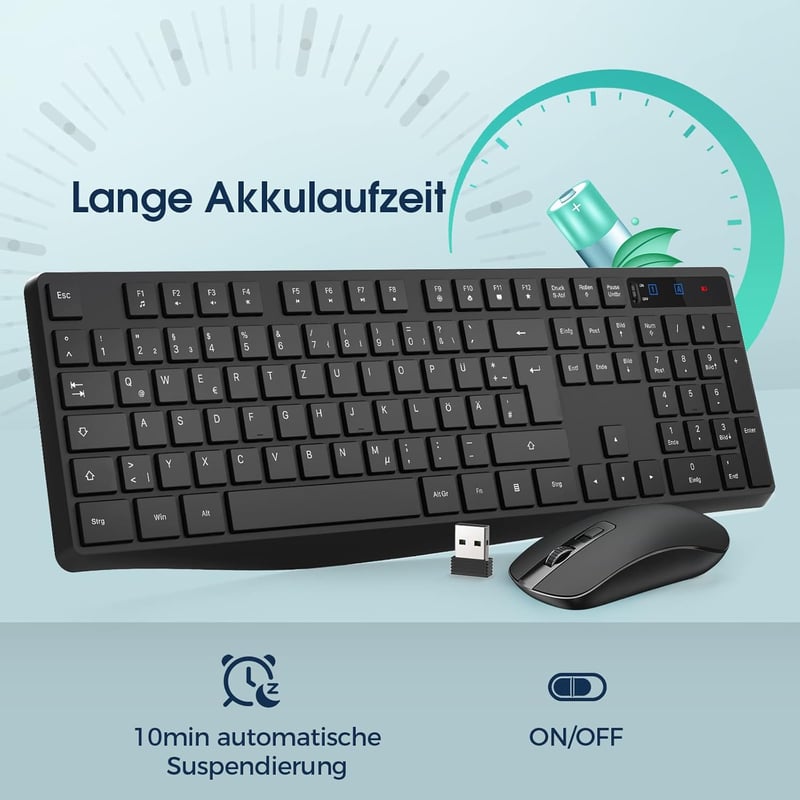 VEILZOR 2.4G Vezeték Nélküli Billentyűzet és Egér Szett - Német QWERTZ Kiosztás, Csendes Működés, PC/Laptop/Notebook Kompatibilis, Windows/M