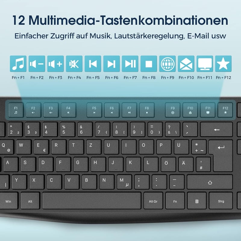 VEILZOR 2.4G Vezeték Nélküli Billentyűzet és Egér Szett - Német QWERTZ Kiosztás, Csendes Működés, PC/Laptop/Notebook Kompatibilis, Windows/M