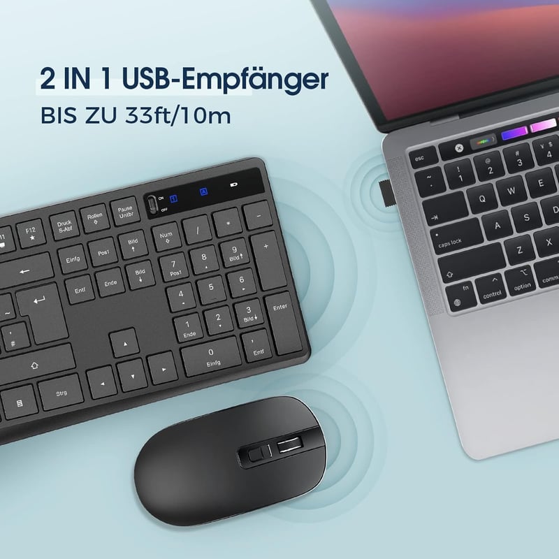VEILZOR 2.4G Vezeték Nélküli Billentyűzet és Egér Szett - Német QWERTZ Kiosztás, Csendes Működés, PC/Laptop/Notebook Kompatibilis, Windows/M