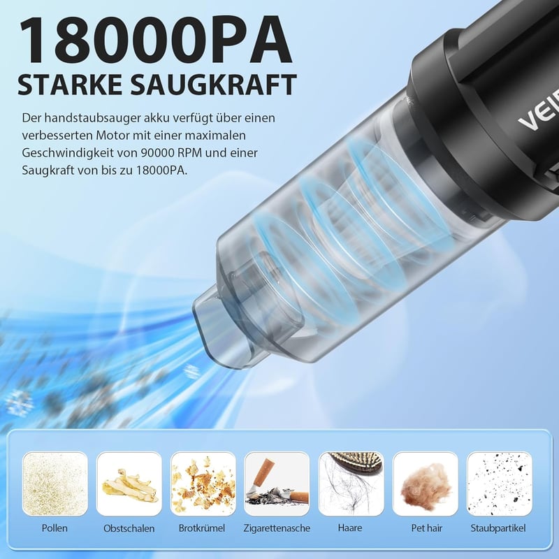 VEIPAO Vezeték Nélküli Kézi Porszívó 18KPA - Összecsukható 4 az 1-ben Mini Porszívó 6000mAh Akkumulátorral, 35 Perc Üzemidő, Otthoni és Autó