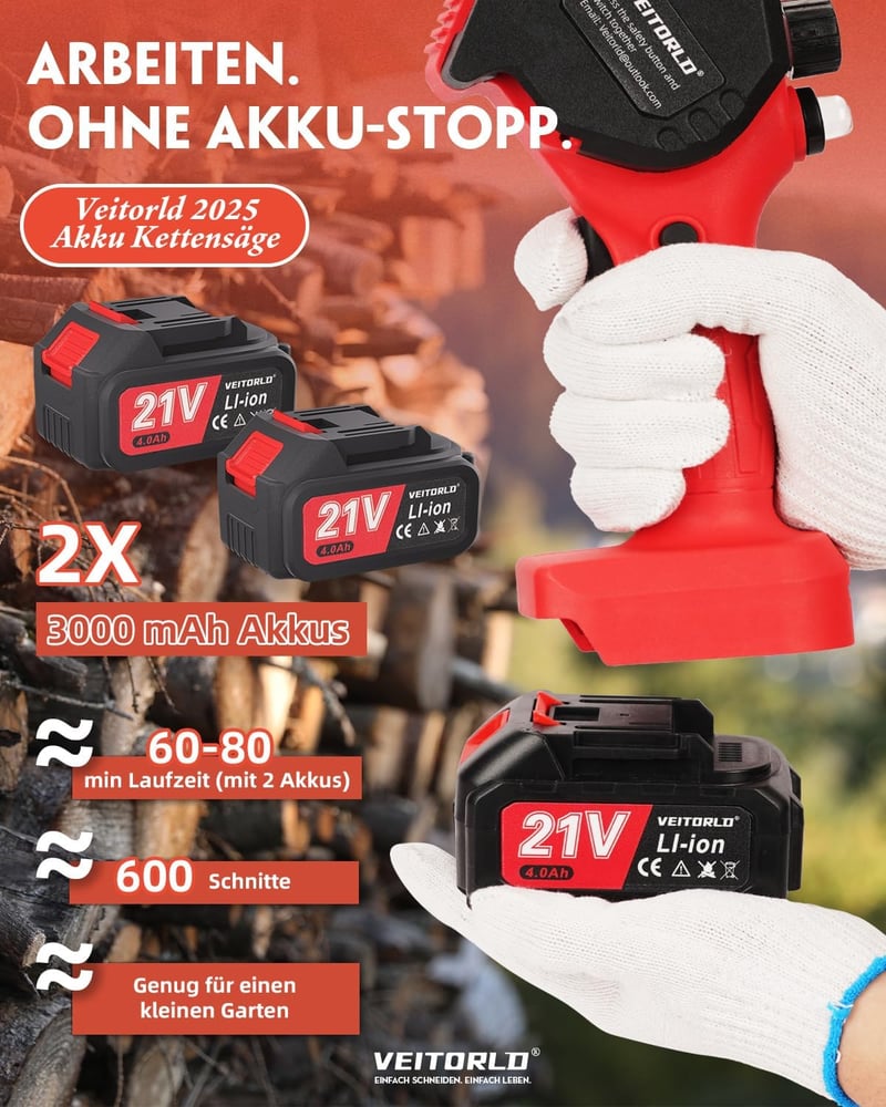 Veitorld 8 Inch Akkumulátoros Láncfűrész 8000 mAh Motorral, Automata Olajozással
