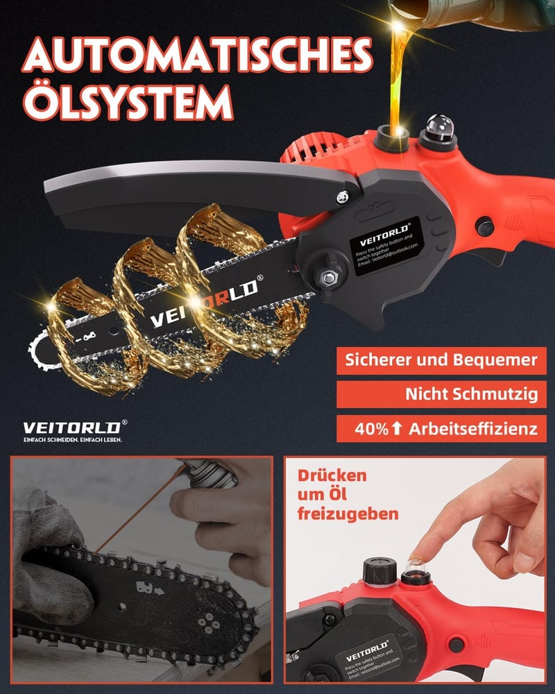 Veitorld 8 Inch Akkumulátoros Láncfűrész 8000 mAh Motorral, Automata Olajozással