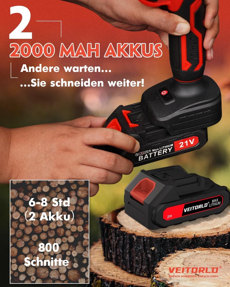 Veitorld Akkumulátoros Ágvágó 30mm Elektromos Kertészeti Olló 2 Akkuval LED Kijelzővel