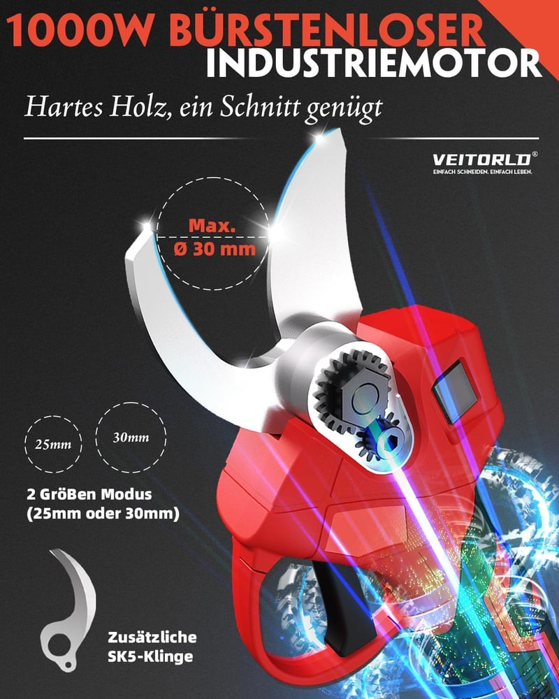 Veitorld Akkumulátoros Ágvágó 30mm Elektromos Kertészeti Olló 2 Akkuval LED Kijelzővel