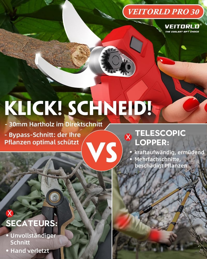 Veitorld Akkumulátoros Ágvágó 30mm Elektromos Kertészeti Olló 2 Akkuval LED Kijelzővel