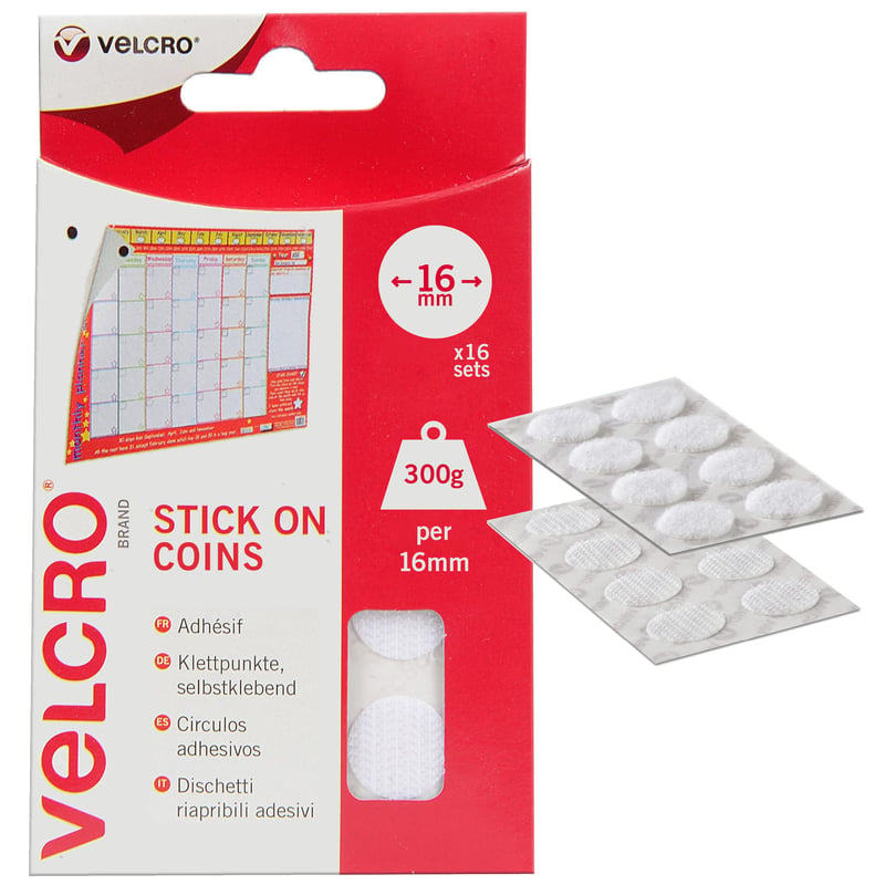 Samolepiace suché zipsy VELCRO, biele, 16 mm x 16 mm, balenie 16 ks, obojstranné lepiace krúžky na bytové dekorácie, do kancelárie, do garáže