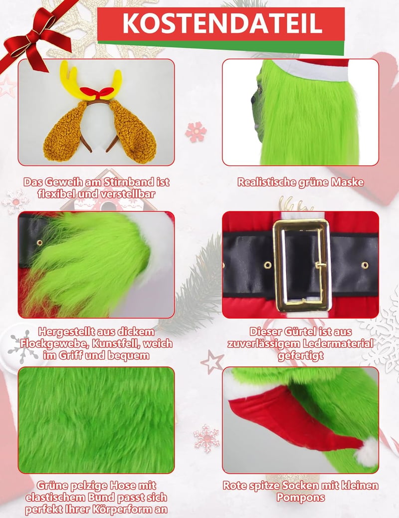 Velmawig Zöld Szörny Mikulás Jelmez Maszk Kalappal Férfiaknak Karácsonyi Cosplay Outfit