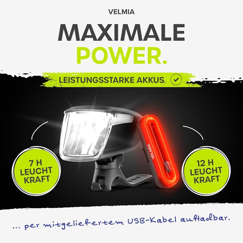 Velmia LED kerékpárlámpa szett USB töltéssel, 8,5 óra üzemidő, 3 fokozat