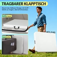 Velway Sklopivi vrtni stol 180x74 cm, Bijeli stol za švedski stol, stol za kampiranje, stabilni plastični stol za zabave za 6-8 osoba s ručkom za nošenje 7