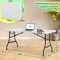 Velway Sklopivi vrtni stol 180x74 cm, Bijeli stol za švedski stol, stol za kampiranje, stabilni plastični stol za zabave za 6-8 osoba s ručkom za nošenje 2