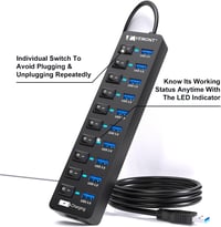 VEMONT 11 portos USB 3.0 hub tápegységgel, egyedi kapcsolókkal és 1,2m kábellel 5