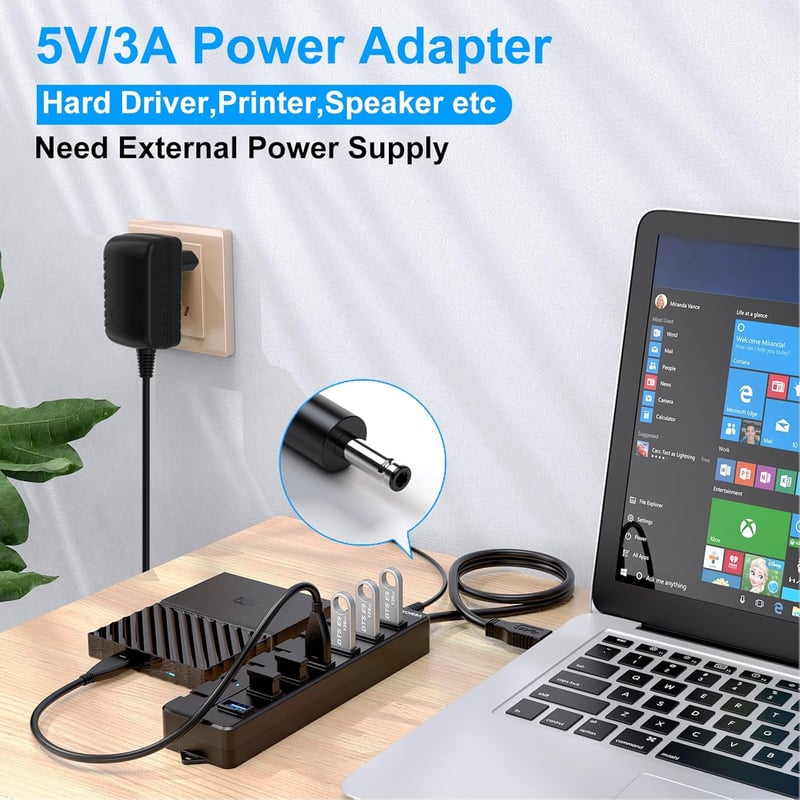 VEMONT 7 portos USB 3.0 hub tápegységgel, 5Gbps aktív elosztó Mac és PC-hez