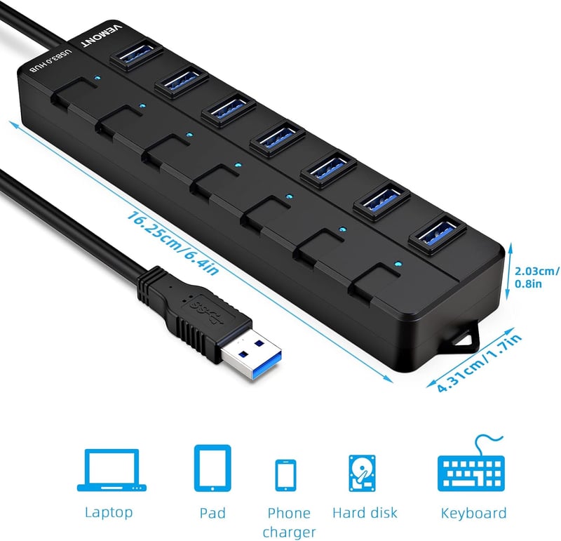 VEMONT 7 portos USB 3.0 hub tápegységgel, 5Gbps aktív elosztó Mac és PC-hez