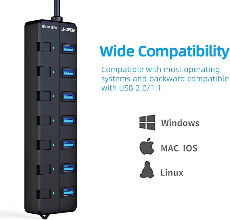 VEMONT 7 portos USB 3.0 hub tápegységgel, 5Gbps aktív elosztó Mac és PC-hez