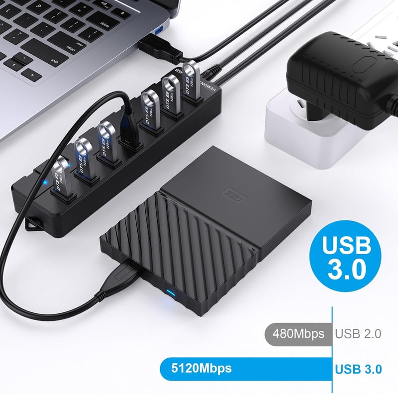 VEMONT 7 portos USB 3.0 hub tápegységgel, 5Gbps aktív elosztó Mac és PC-hez