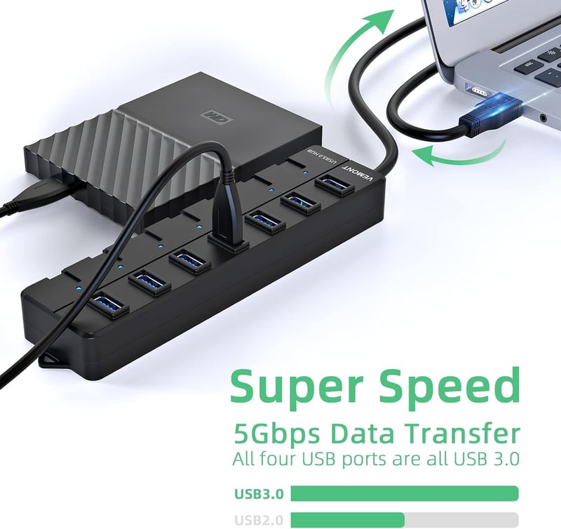 VEMONT 7 portos USB 3.0 hub tápegységgel, 5Gbps aktív elosztó Mac és PC-hez