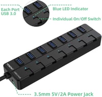Vemont USB 3.0 Hub 7 portos kapcsolókkal Mac és Windows laptopokhoz 2