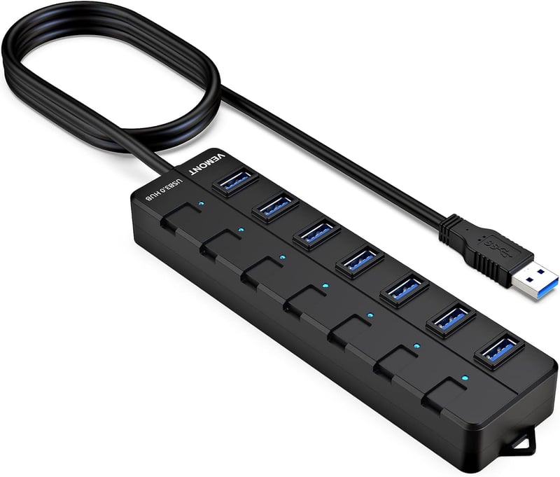 Vemont USB 3.0 Hub 7 portos kapcsolókkal Mac és Windows laptopokhoz