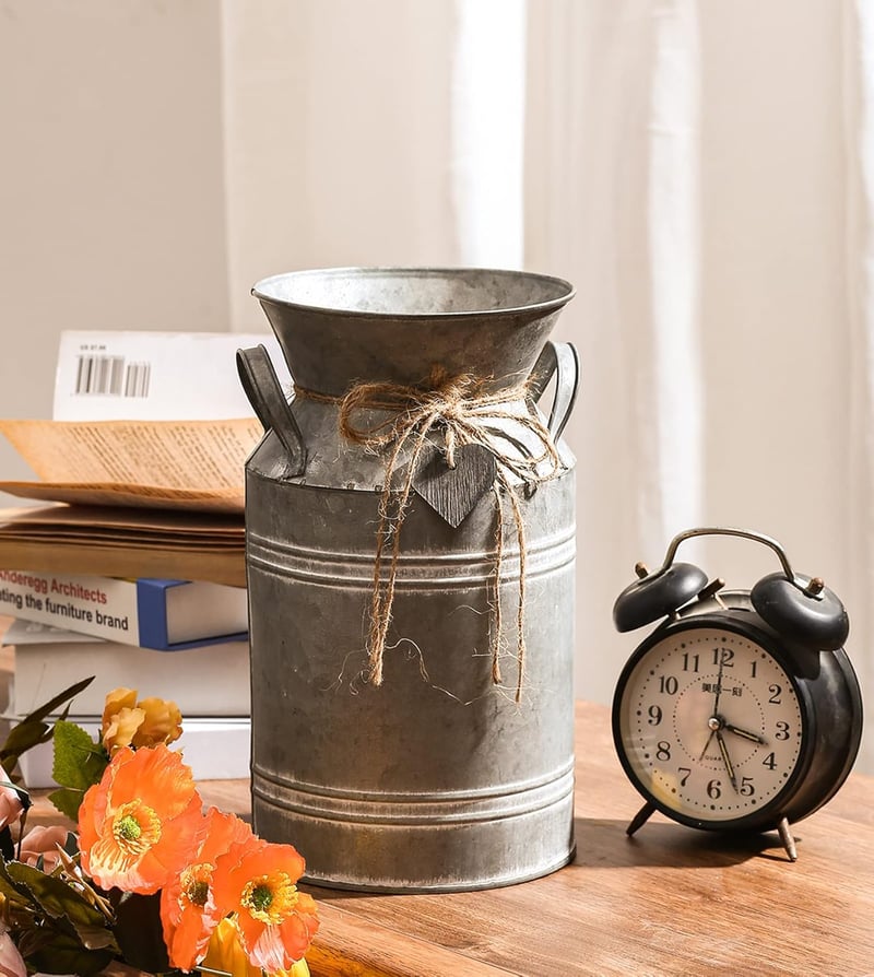 Venalys Vintage Galvanizált Fém Tejkanna Váza Farmhouse Dekoráció - 10.6 inch (Heart)