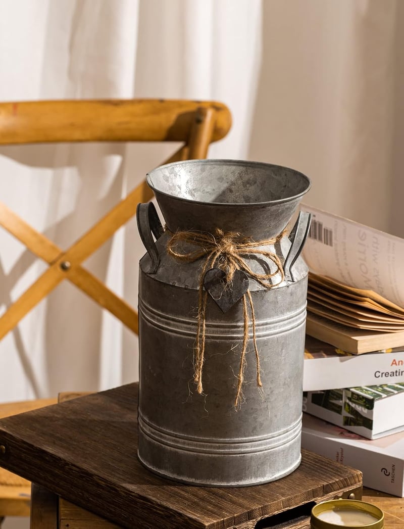 Venalys Vintage Galvanizált Fém Tejkanna Váza Farmhouse Dekoráció - 10.6 inch (Heart)