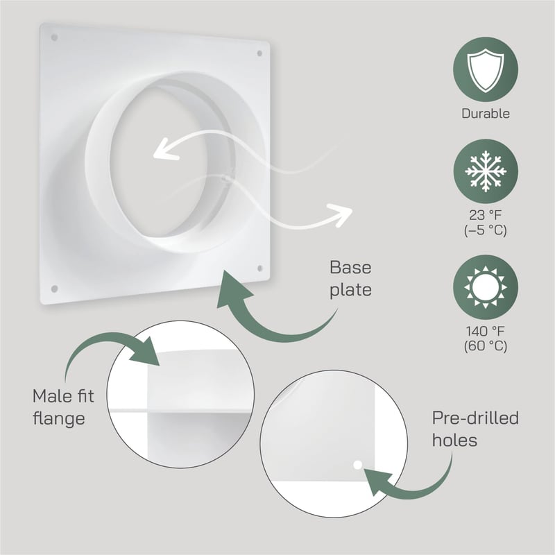 Vent Systems 100 mm Fehér Műanyag Légcsatorna Csatlakozó Perem - Fali Szellőzőrendszer Adapter - Fürdőszobához, Konyhához, Otthoni Szellőzte