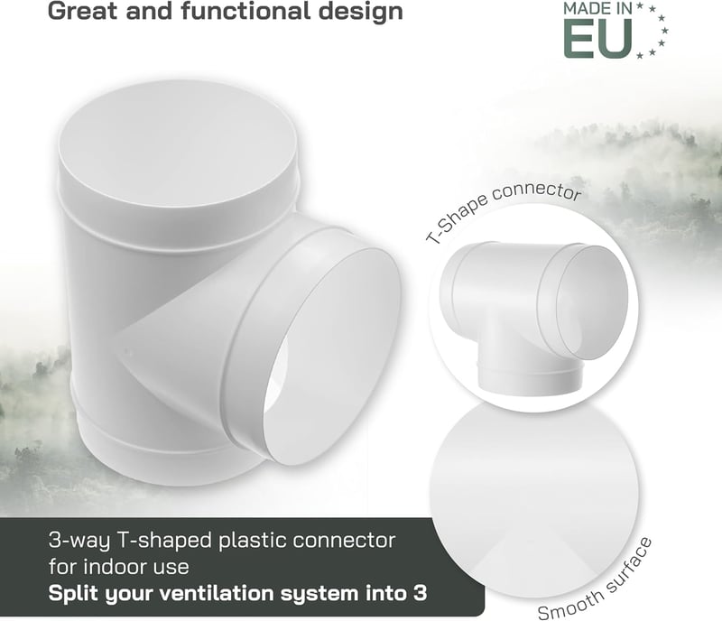 Vent Systems 100mm T-csatlakozó szellőzéshez, ABS légcsatorna adapter, háromirányú elosztó