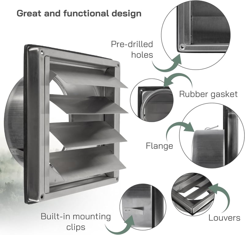 Vent Systems 12,5 cm téglalap alakú rozsdamentes acél fali szellőzőrács visszacsapó szeleppel, időjárásálló fürdőszobához, beltérre es külté