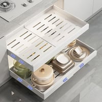 Sertar telescopic extensibil cu ventuză 42 cm, organizator pentru dulap de bucătărie cu adeziv, fără găurire, lățime 32-52 cm, 2 bucăți 1