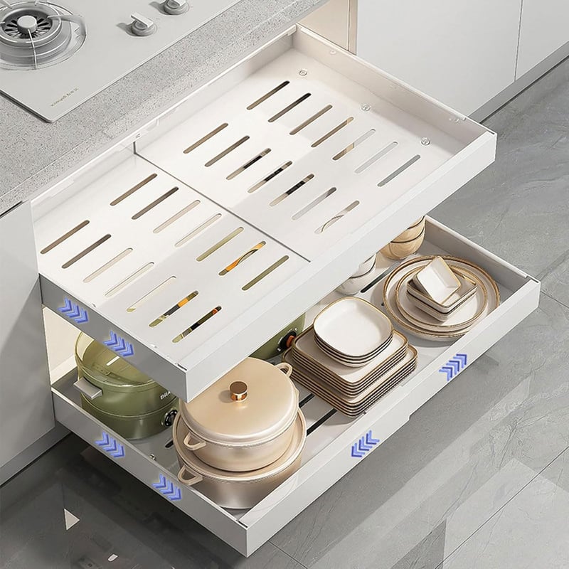 Sertar telescopic extensibil cu ventuză 42 cm, organizator pentru dulap de bucătărie cu adeziv, fără găurire, lățime 32-52 cm, 2 bucăți
