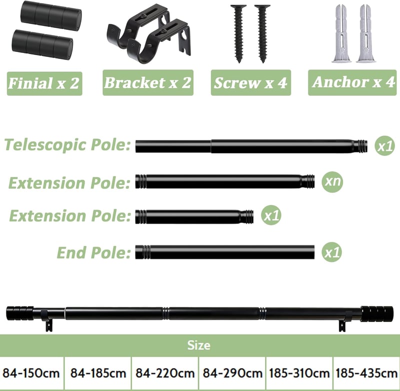 Venwemong fekete függönyrúd 25mm 84-185cm állítható tartóval
