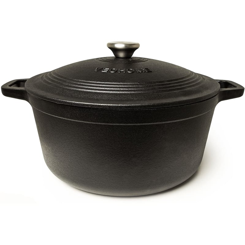 VeoHome 6L Oală din Fontă Negru Mat Emailat | Vas de Gătit | Pentru Copt Pâine | Cuptor Olandez | Cratită Termorezistentă 28cm